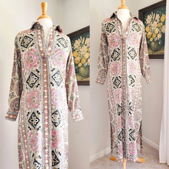 Vintage Dresses & Skirts - 60s Block Print Cotton 1960s Vintage I. Magnin Button Front Maxi Dress
